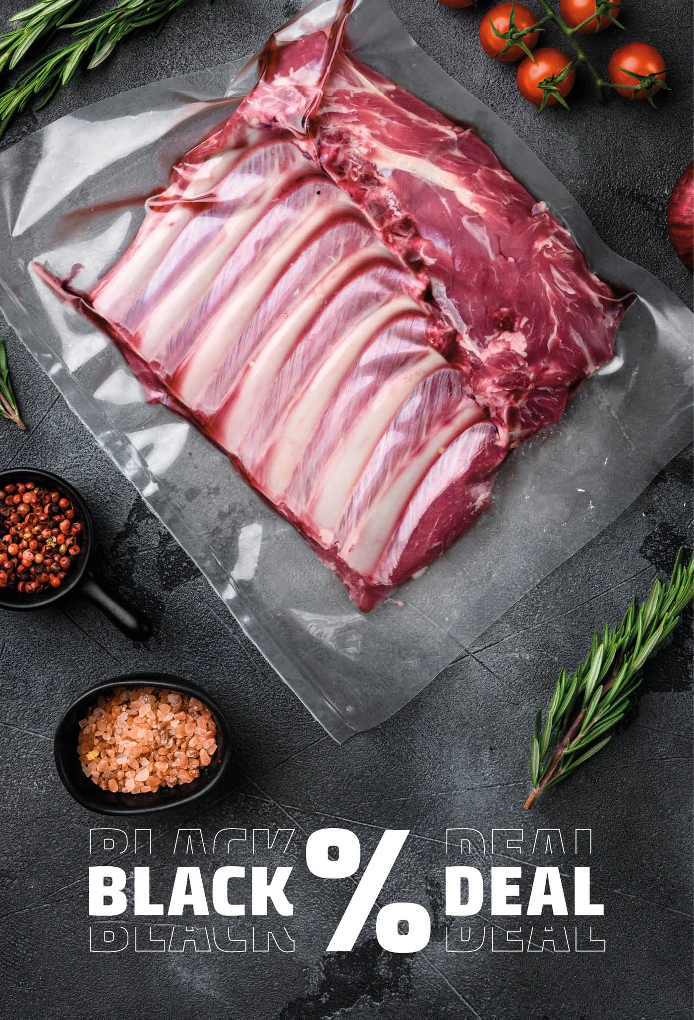 Raw meat with herbs and tomatoes, Black Deal offer, food photography