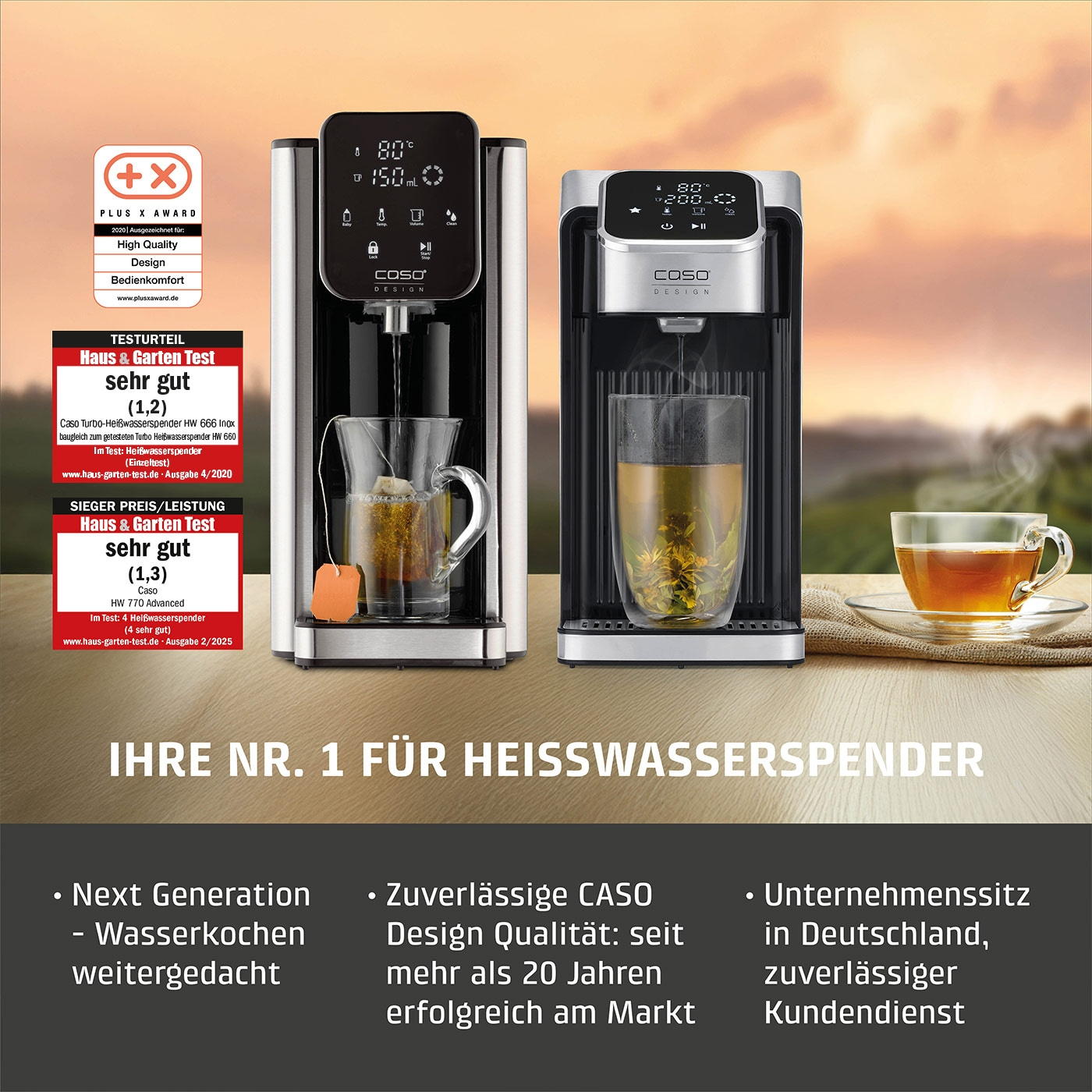 Heißwasserspender mit Auszeichnungen, Tasse Tee, Text: Ihre Nr. 1 für Heißwasserspender.