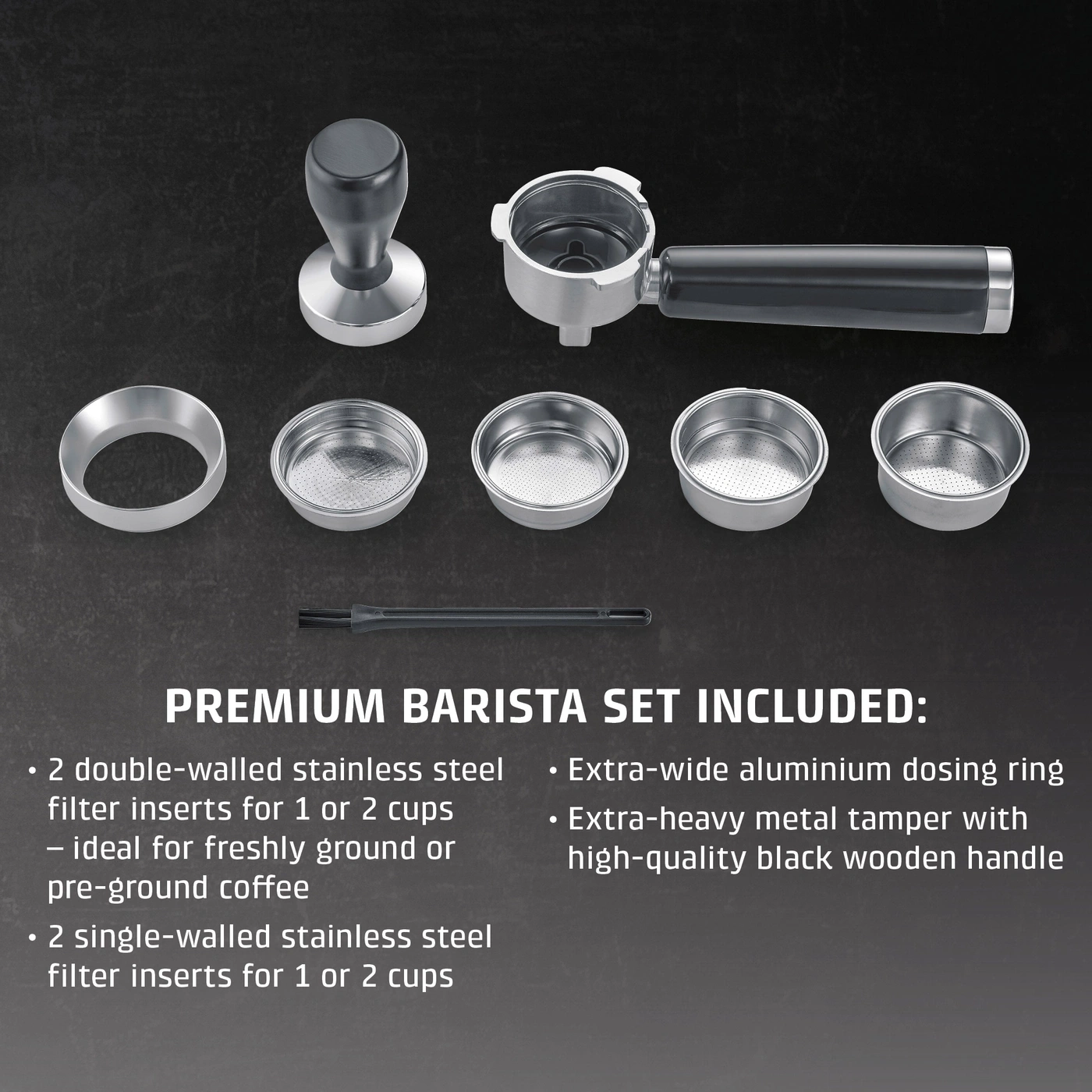 Espresso machine accessory set with tamper, baskets and portafilter on dark background