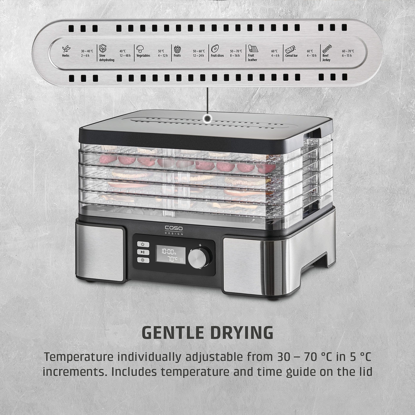 Food dehydrator with temperature and time settings for various food items.
