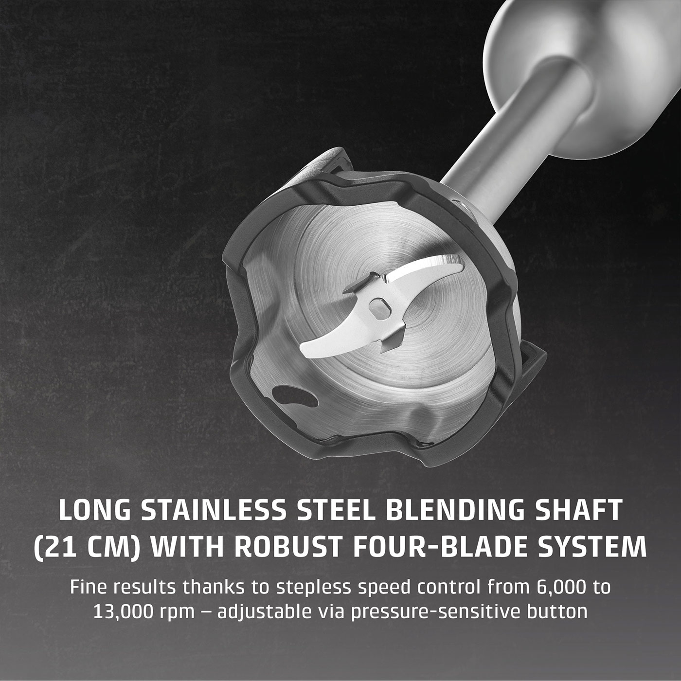 Stainless steel mixer with four blades, 21 cm, for fine results and speed control.