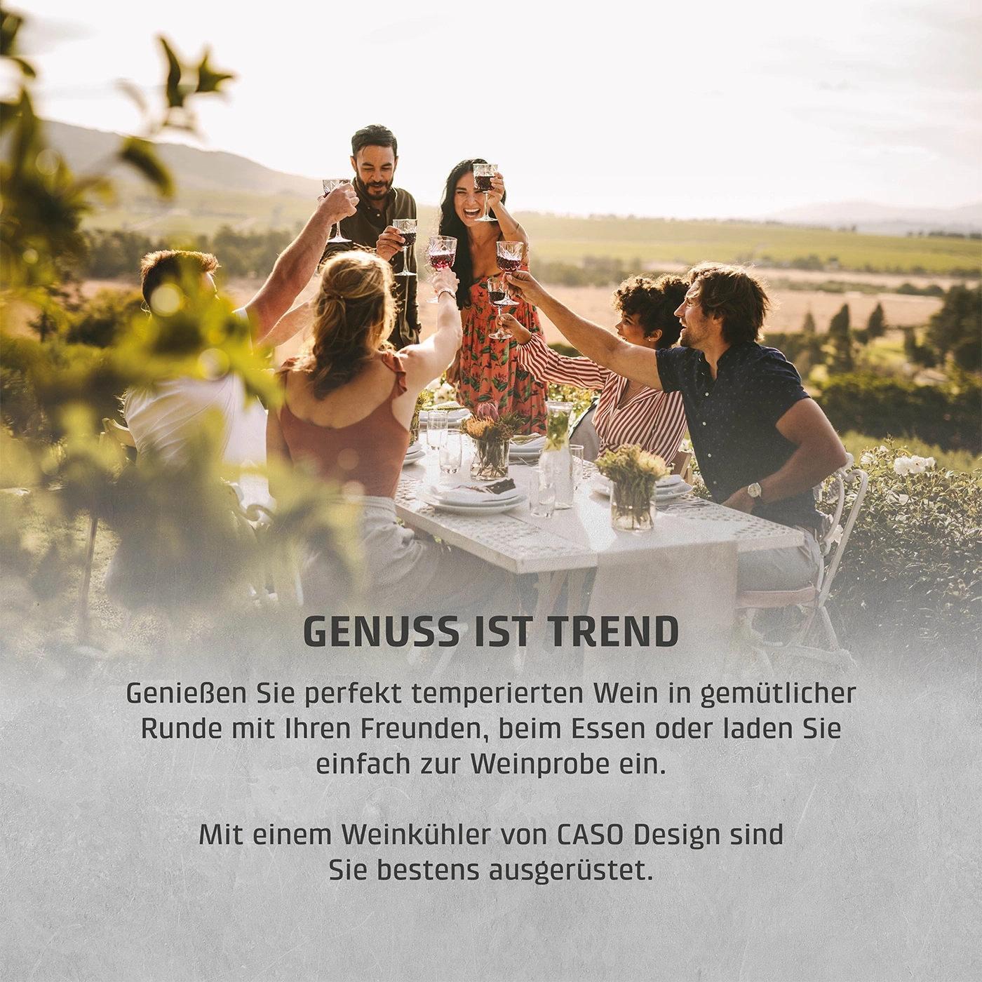 Freunde stoßen mit Wein an, genießen Essen, Weinprobe, Genuss ist Trend.