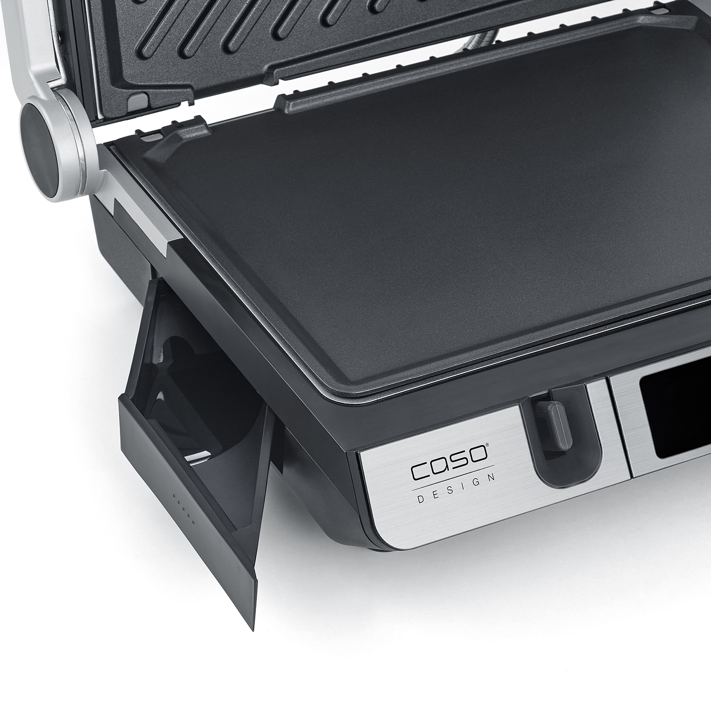 Close-up of a black electric grill with removable drawer and logo on the front