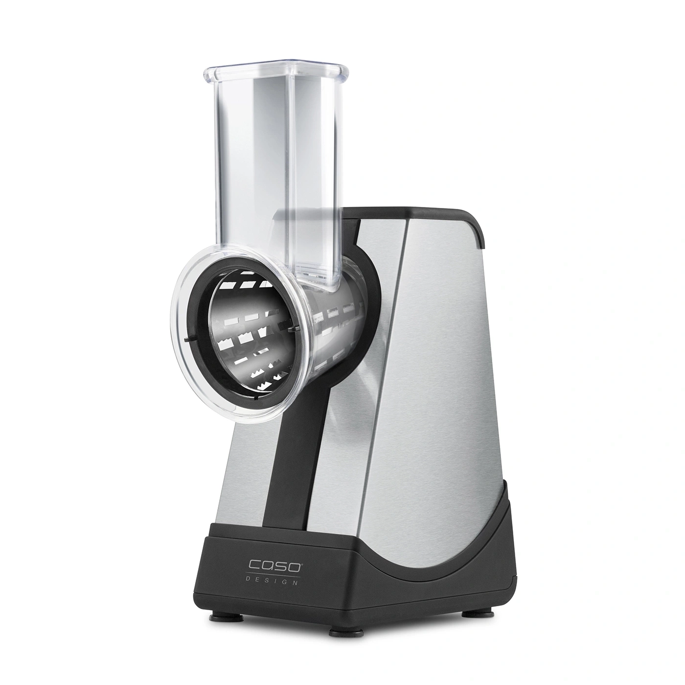 Electric vegetable cutter with transparent container and stainless steel housing. Caso Design.