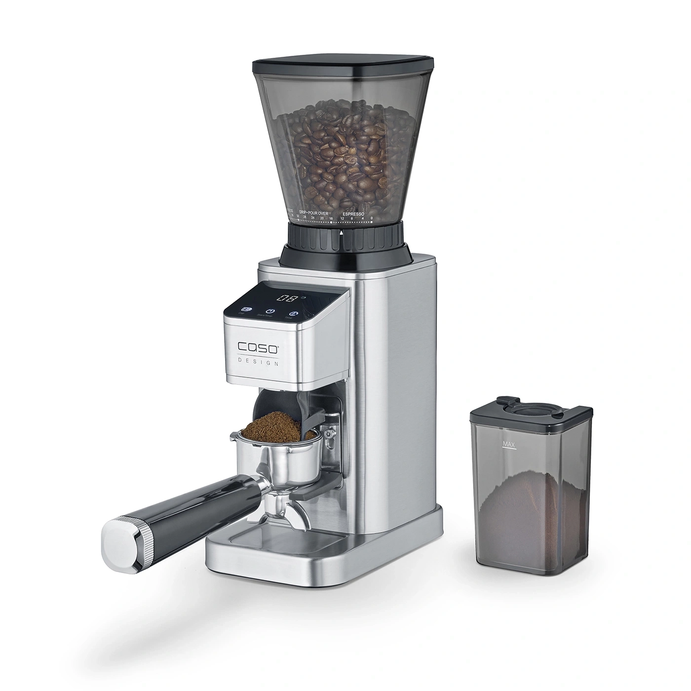 Kaffeemühle mit Bohnen, Mahlgut und Behälter, Edelstahl, COSO Design, Espresso.
