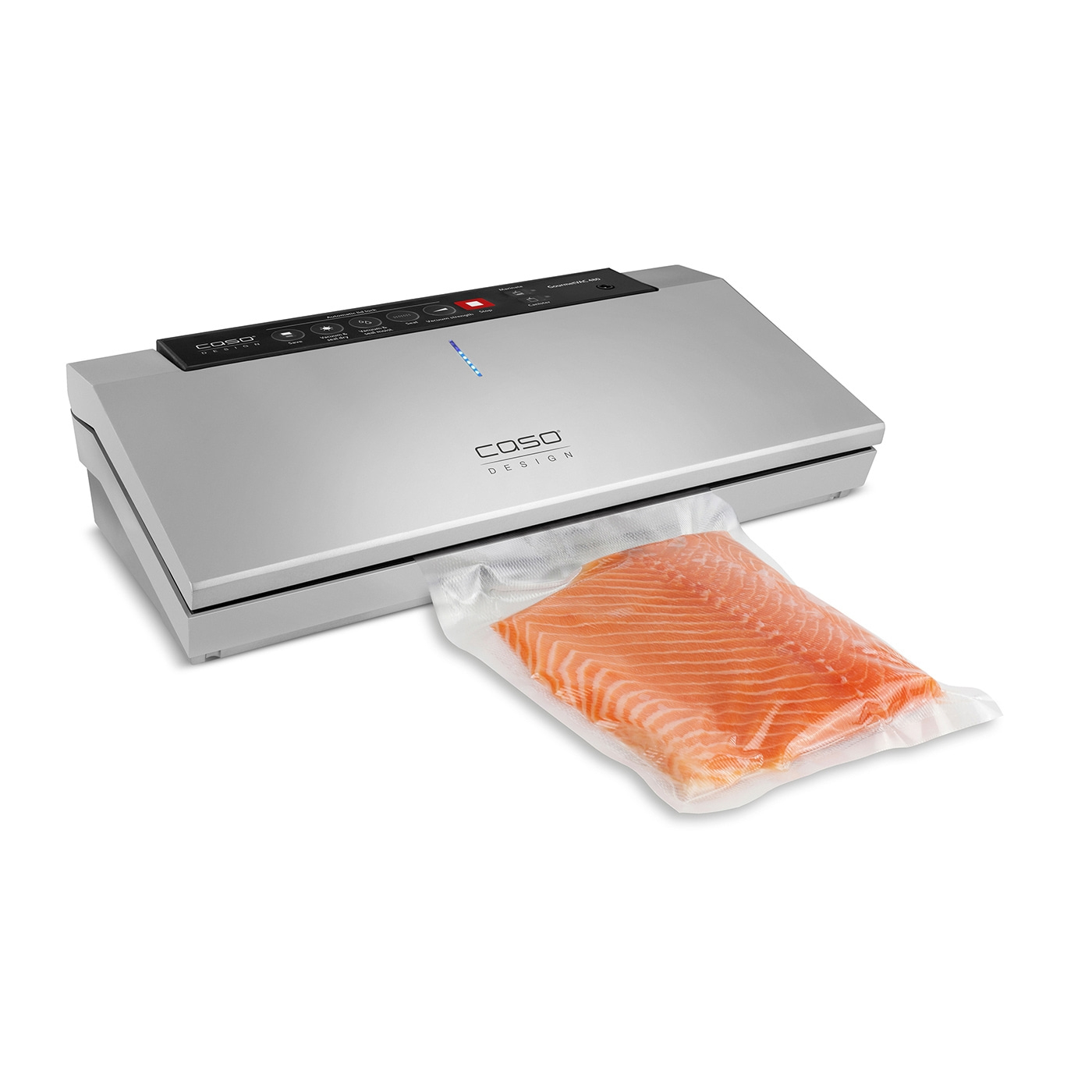 Vakuumiergerät mit Lachsfilet in einer Plastiktüte, silberfarben
