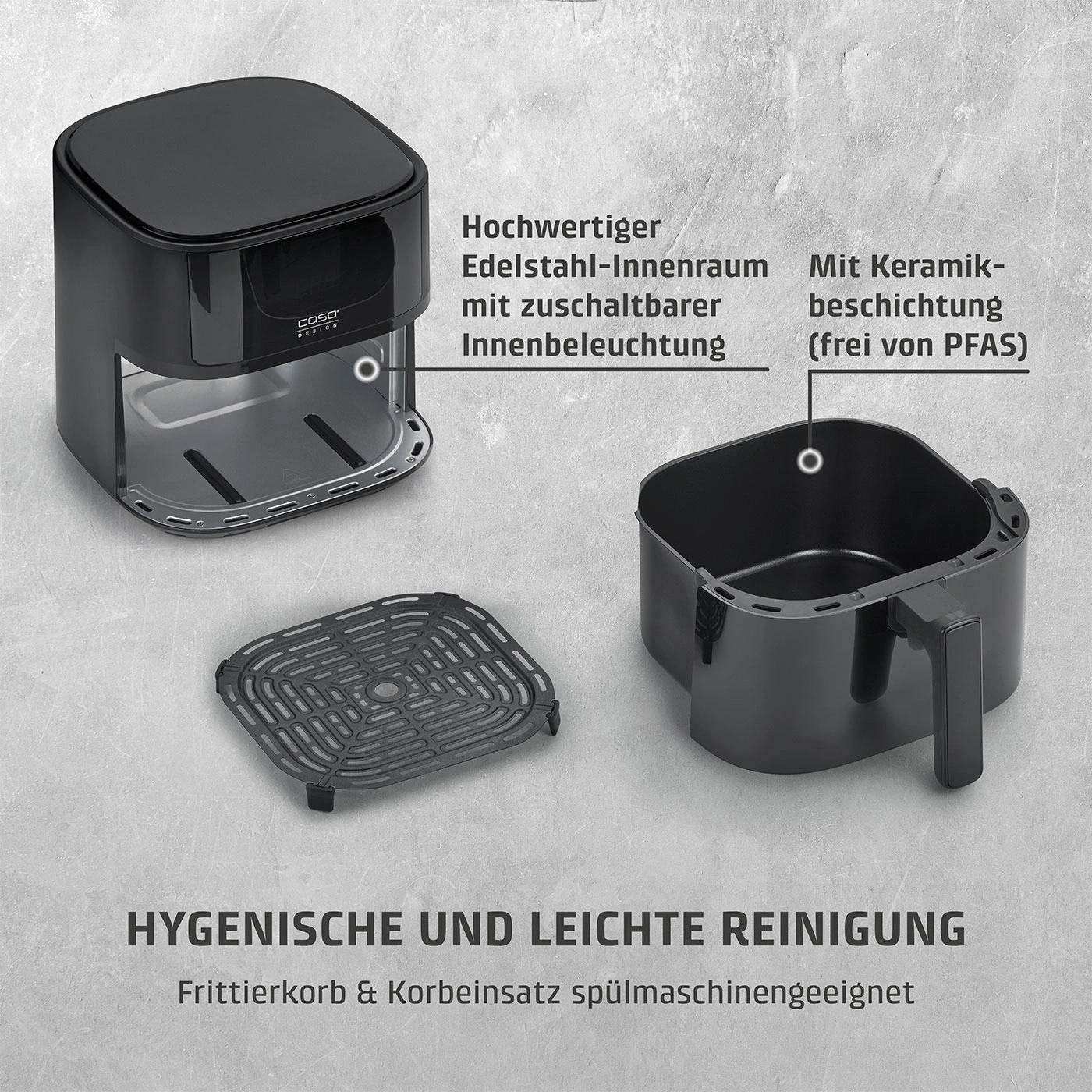Hochwertiger Edelstahl-Innenraum mit zuschaltbarer Innenbeleuchtung und Keramikbeschichtung.