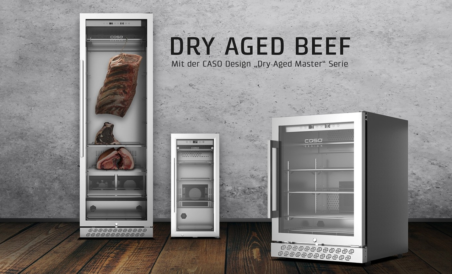 Dry aged beef in Caso Design Dry-Aged Master series refrigerators, showcasing the product.
