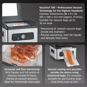Vacuum sealer with text highlighting features and benefits, like marinating and vacuuming fish.