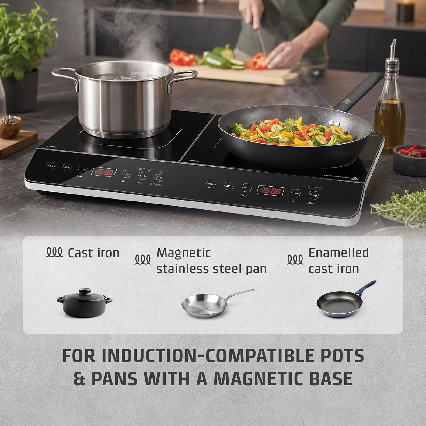 A man cooks vegetables on an induction hob with pots and pans.