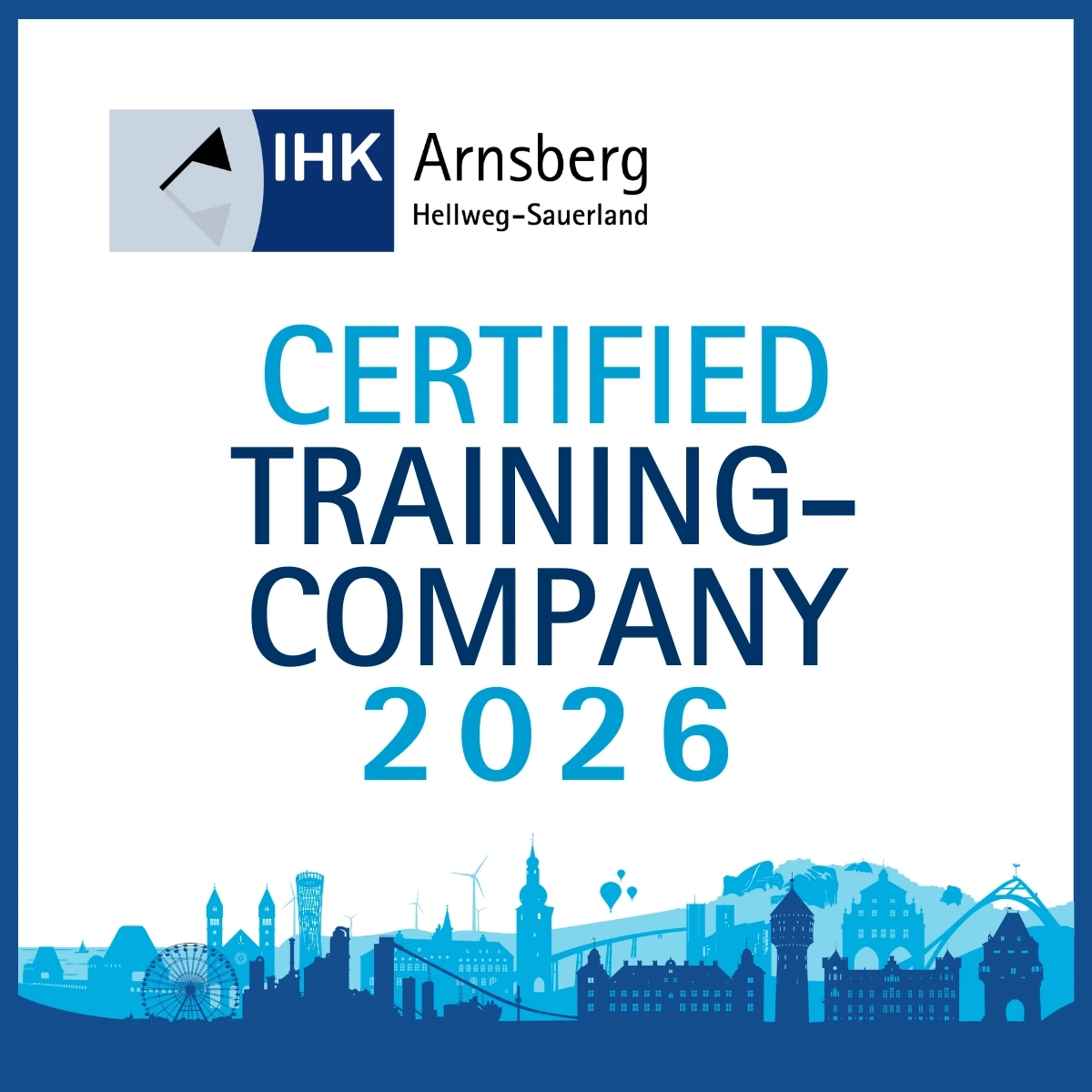 Certified training company 2026 IHK Arnsberg with city skyline.