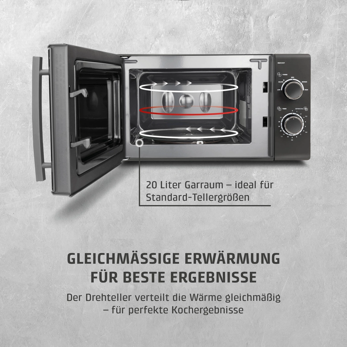 Mikrowelle mit 20 Liter Garraum und gleichmäßiger Erwärmung für beste Ergebnisse.