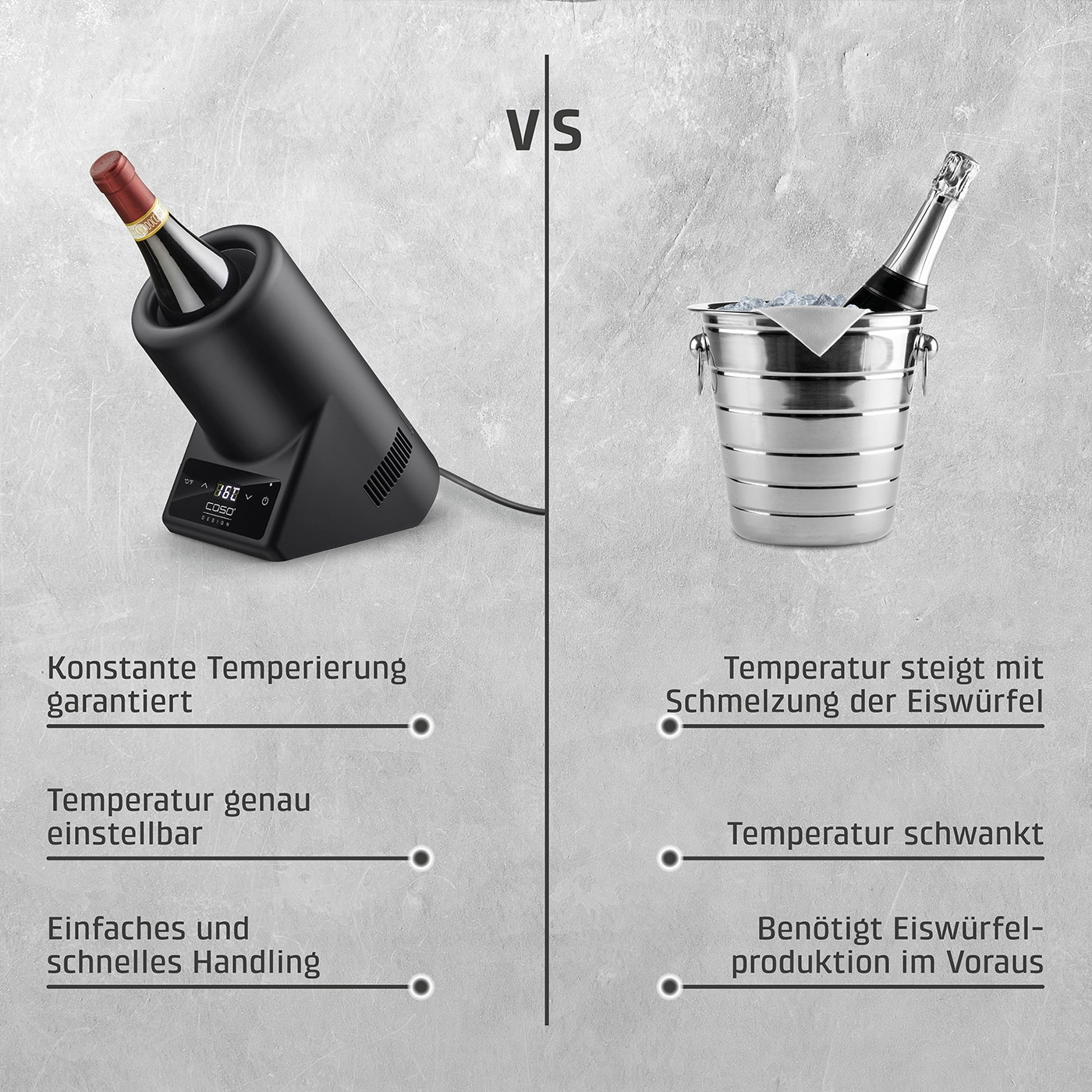 Wein-Temperiergerät vs. Eiskübel: Konstante Temperatur vs. Temperaturanstieg.