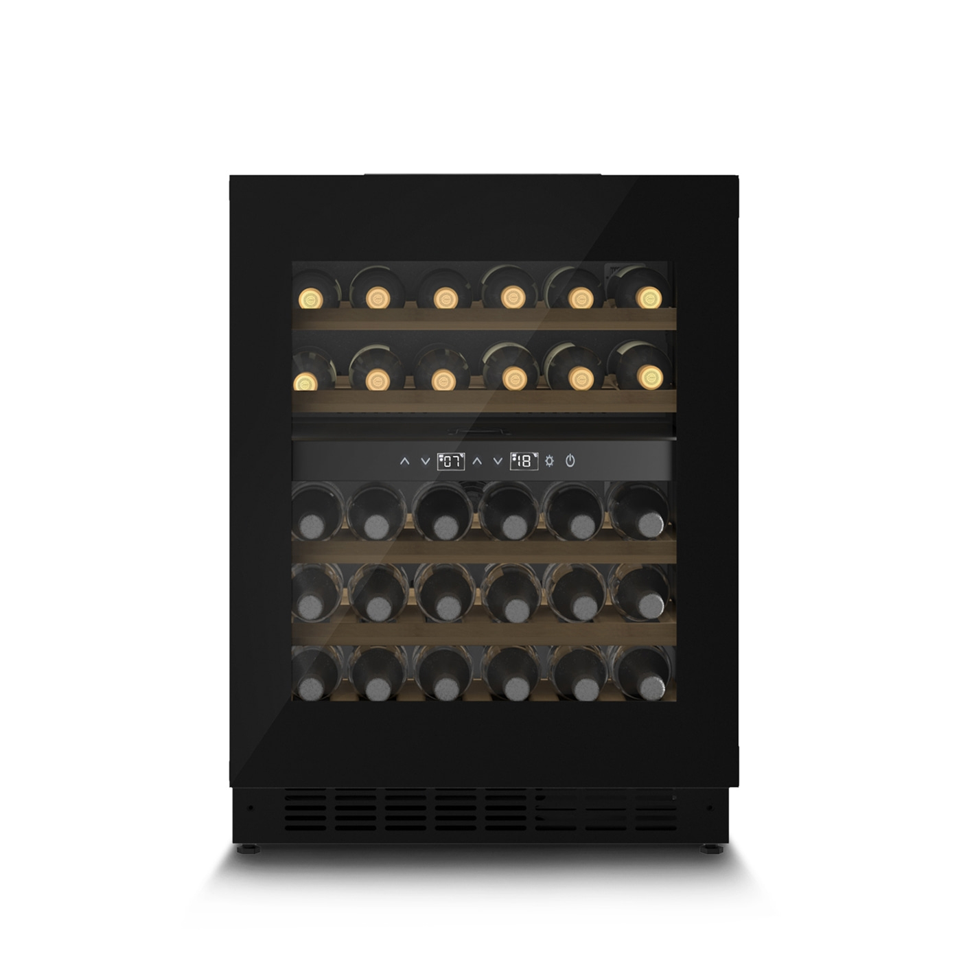 Wine cooler with bottles, temperature display, and black cabinet