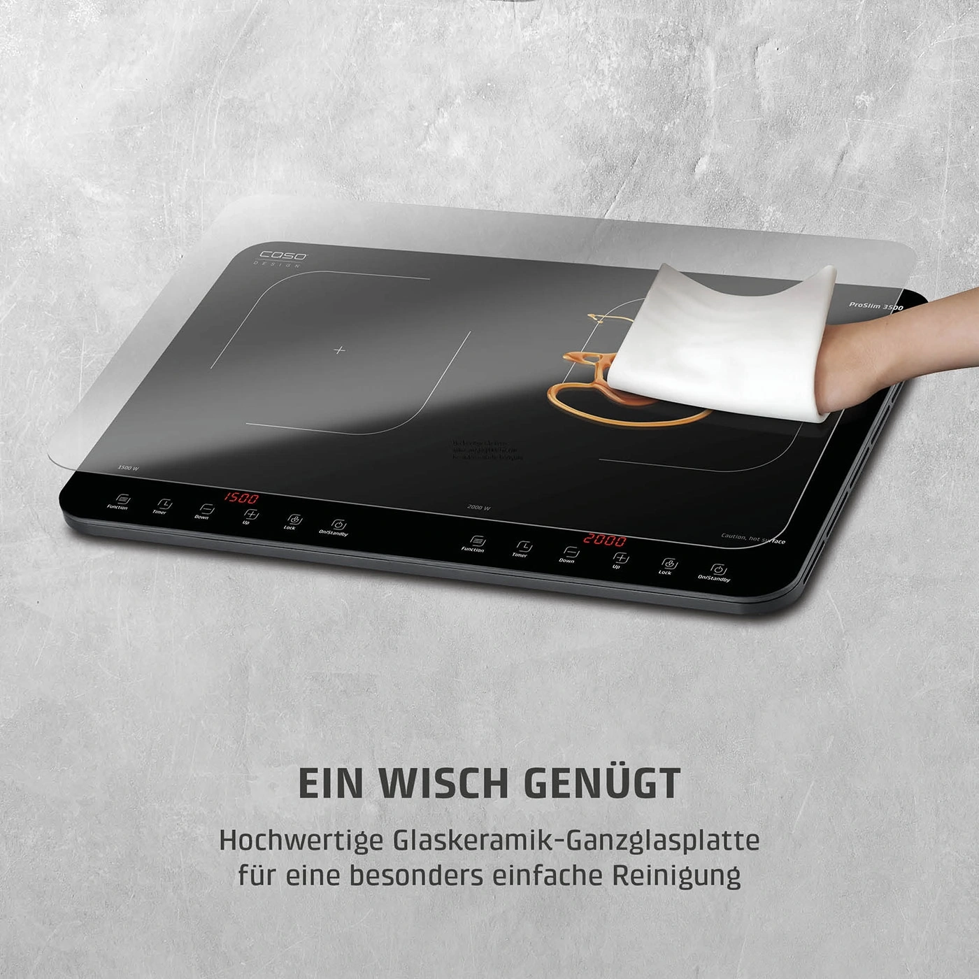 Ein Wischer reicht, Glas Ceramic Kochfeld mit Stofftuch gereinigt.