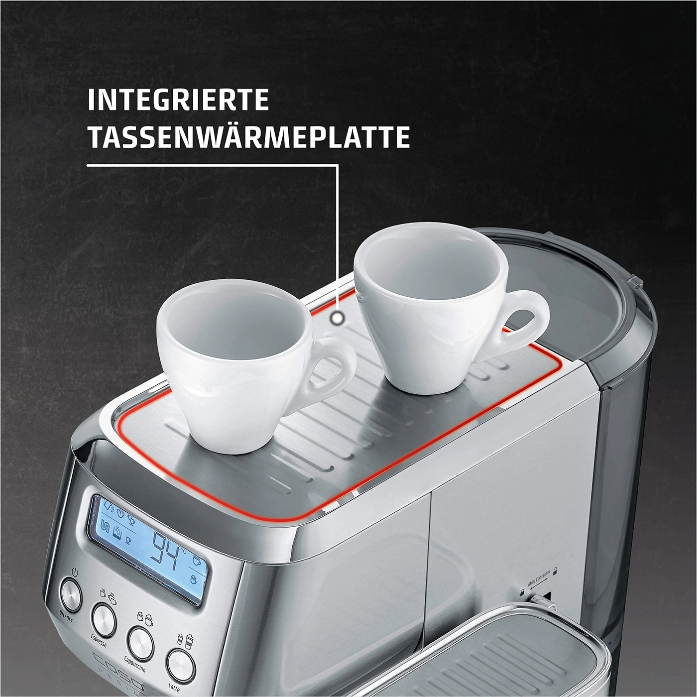 Kaffeemaschine mit Tassenwärmer, zwei Tassen, Temperaturanzeige, Espresso, Cappuccino, Latte.