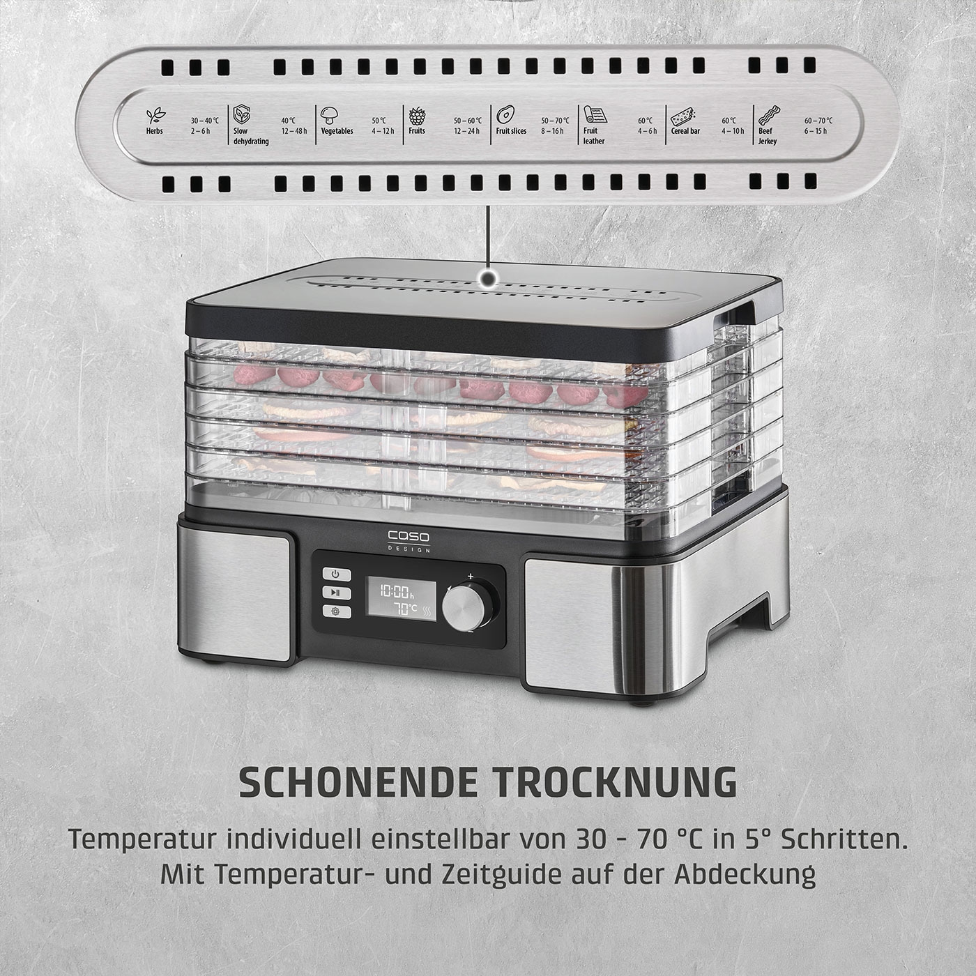 Food dehydrator with temperature and time settings for various food items.