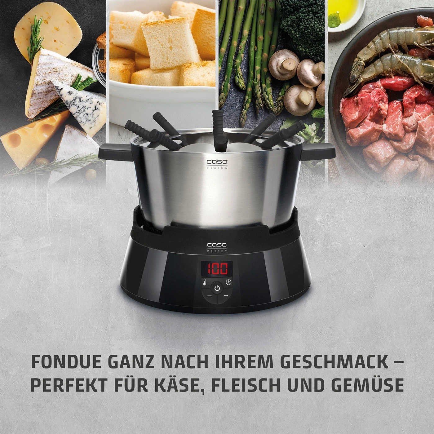 Ein Fondue-Set mit Käse, Brot, Gemüse und Fleisch.