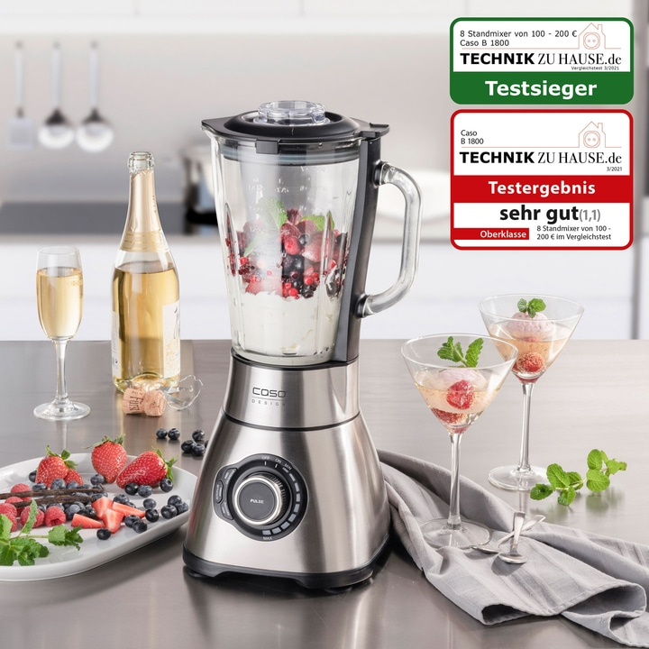 Blender mit Früchten, Champagner und Cocktails, Testsieger-Auszeichnung.