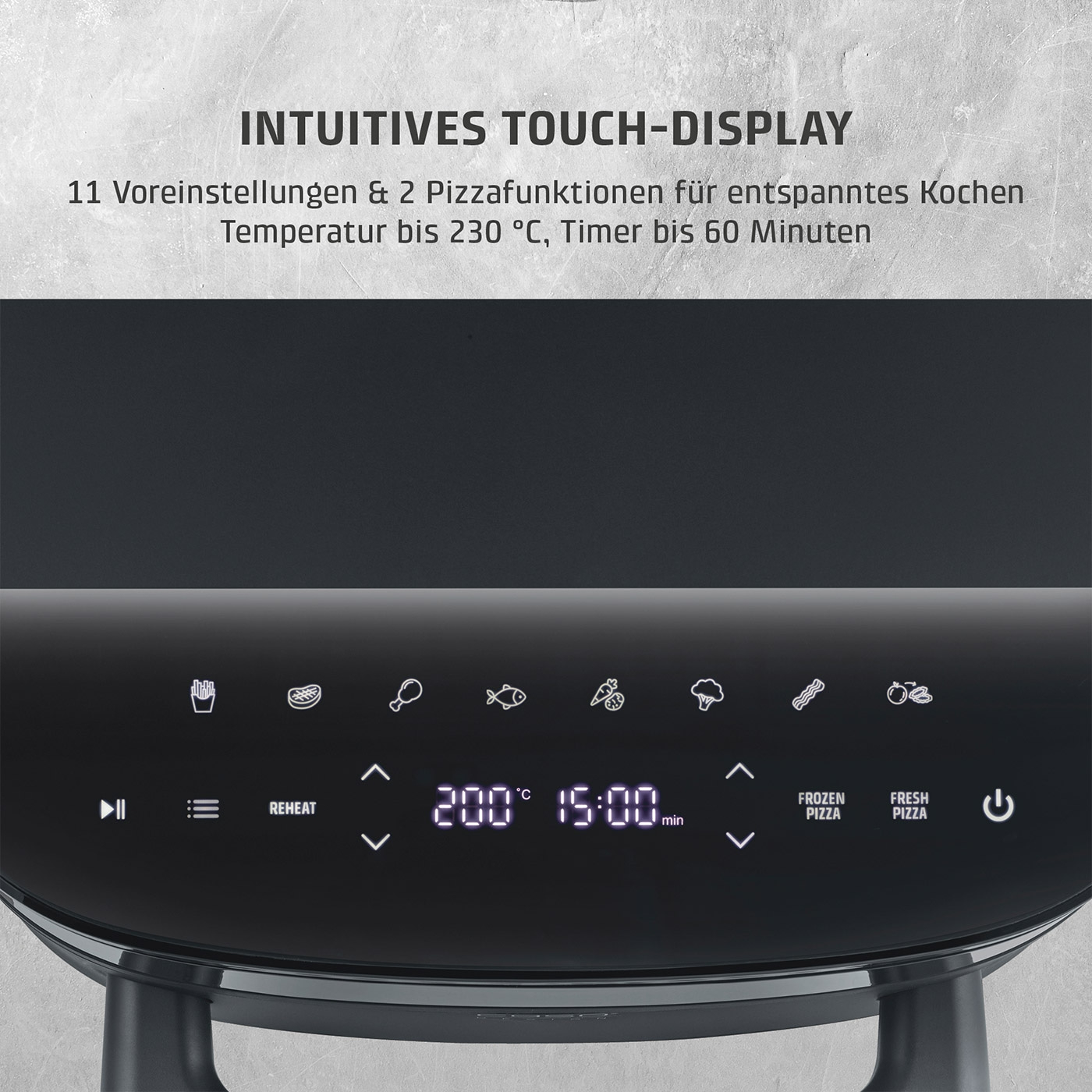 Luftfritteuse mit Touch-Display und voreingestellten Programmen.