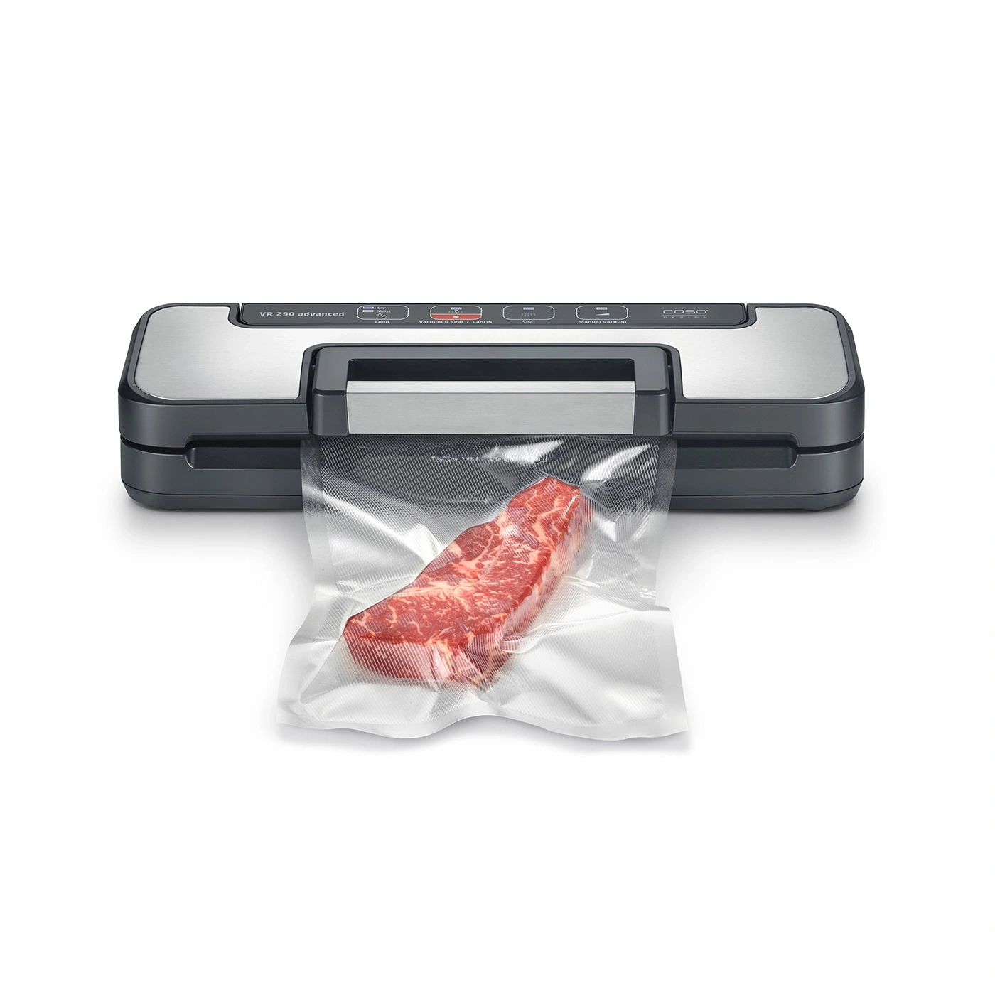 A vacuum sealer machine seals a raw steak in a plastic bag.