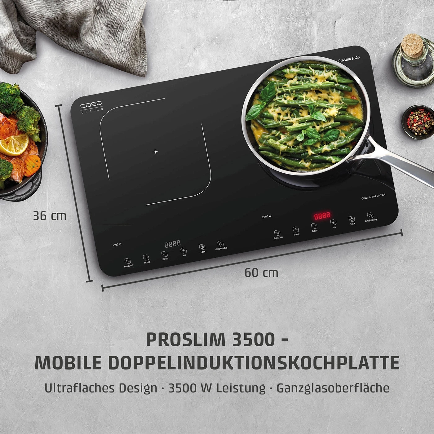 ProSlim 3500 - Mobile Doppelinduktionskochplatte mit 3500 W Leistung und Glasoberfläche.