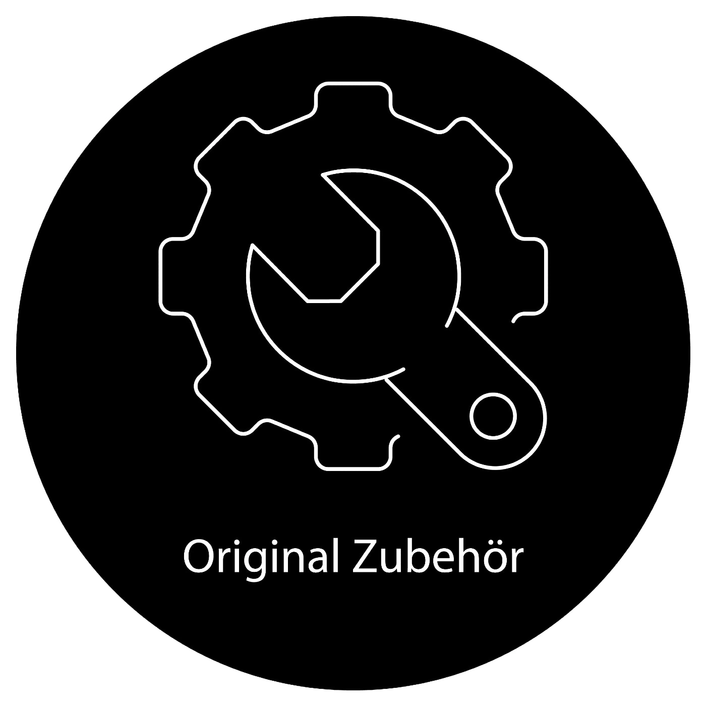 Black circle with gear and wrench, Original accessories, white outline
