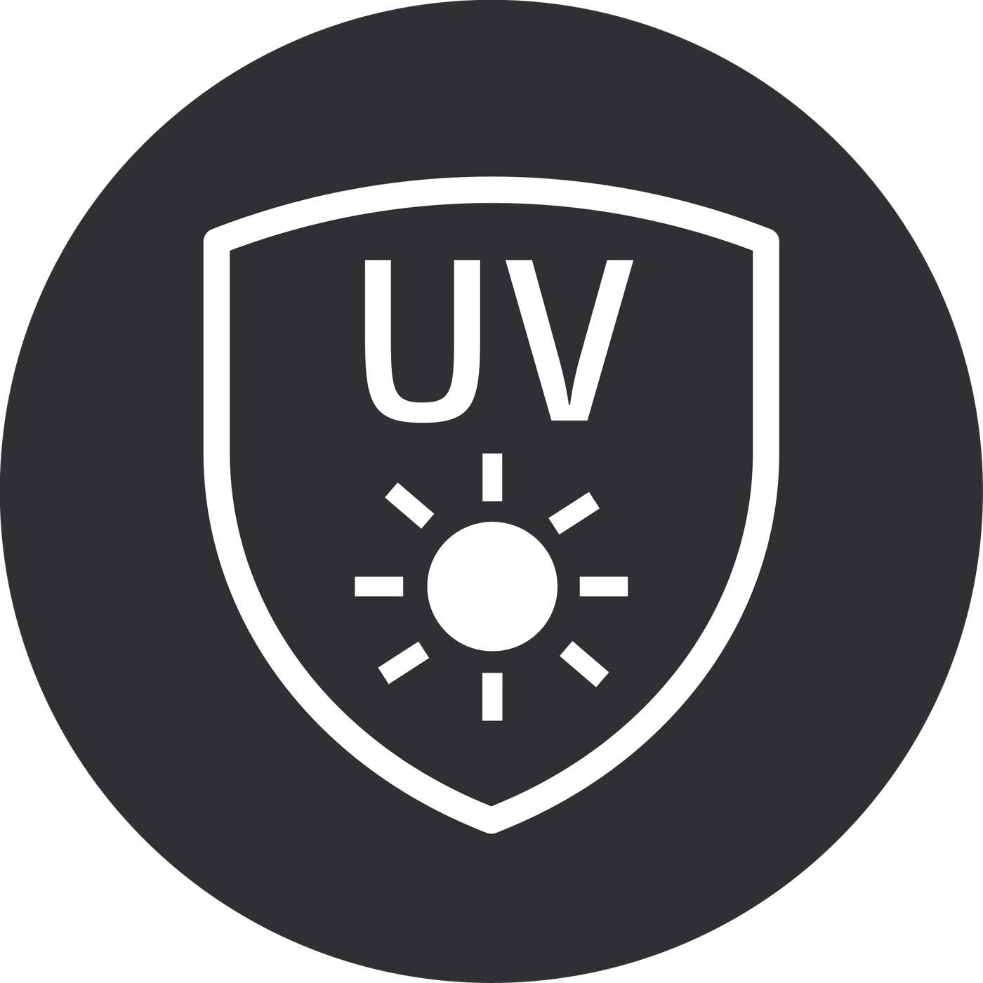 UV protection symbol, shield with UV text and sun, dark background