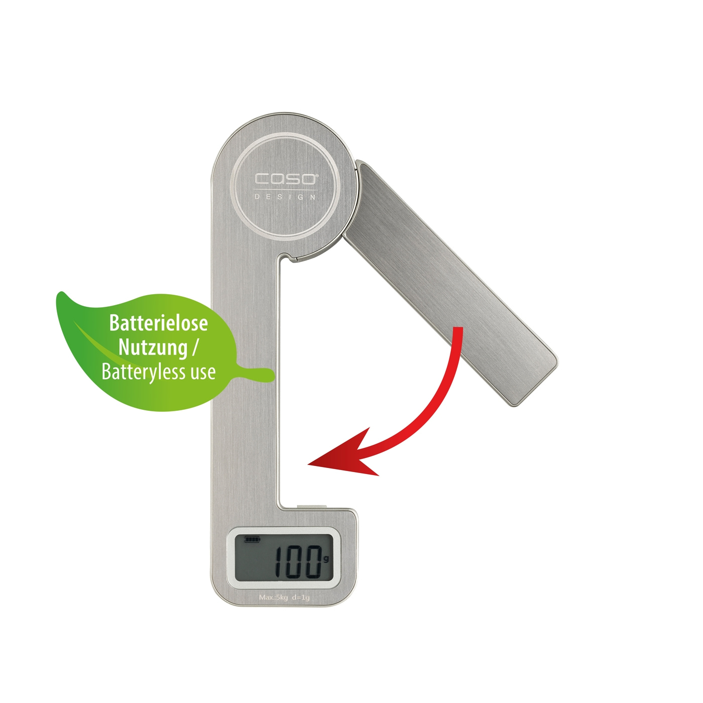 Kitchen scale, battery-free, digital display, 100g weight, silver design, COSO Design, battery-less use