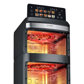A modern black double air fryer oven with illuminated controls and heating elements.