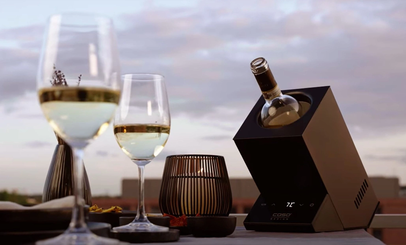 Wine glasses, wine, wine cooler, candle holder, food, dinner, sunset, relaxed atmosphere