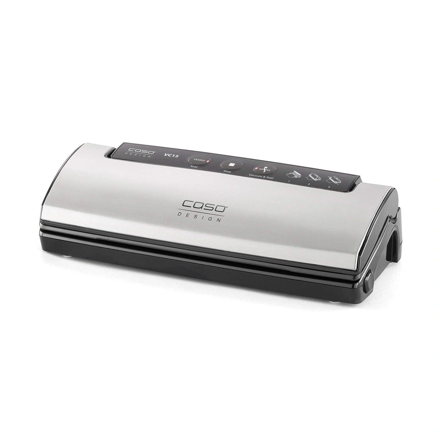 Caso VC15 vacuum sealer, silver, with control panel and logo, on white background