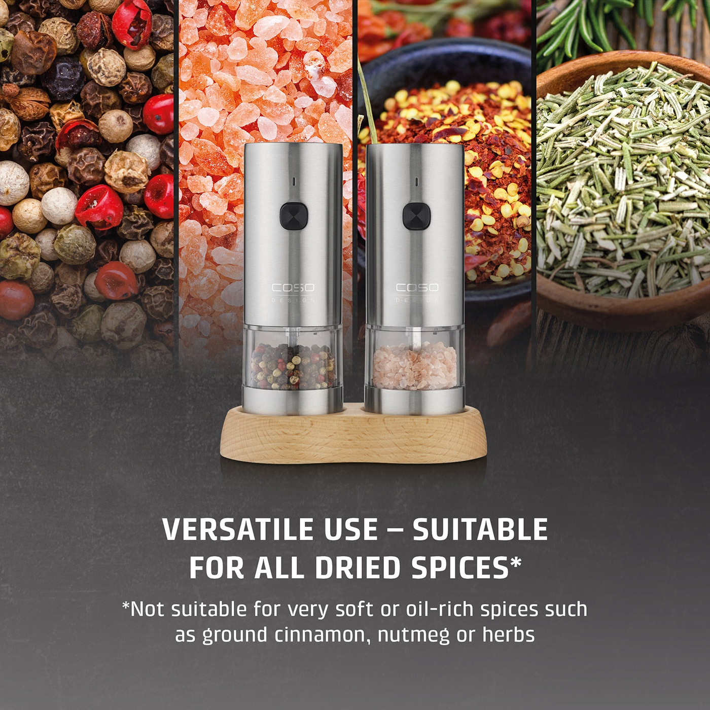 Two electric spice grinders on a wooden stand, surrounded by various spices.