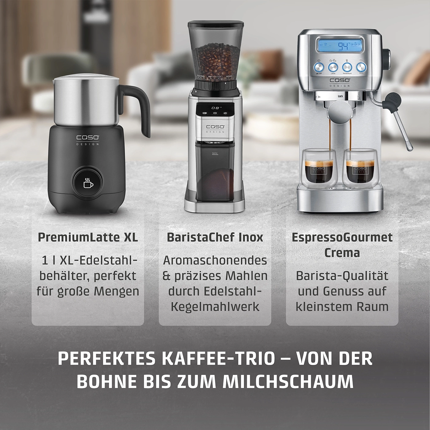 Kaffee-Trio: Milchaufschäumer, Kaffeemühle und Espressomaschine für perfekten Kaffeegenuss.