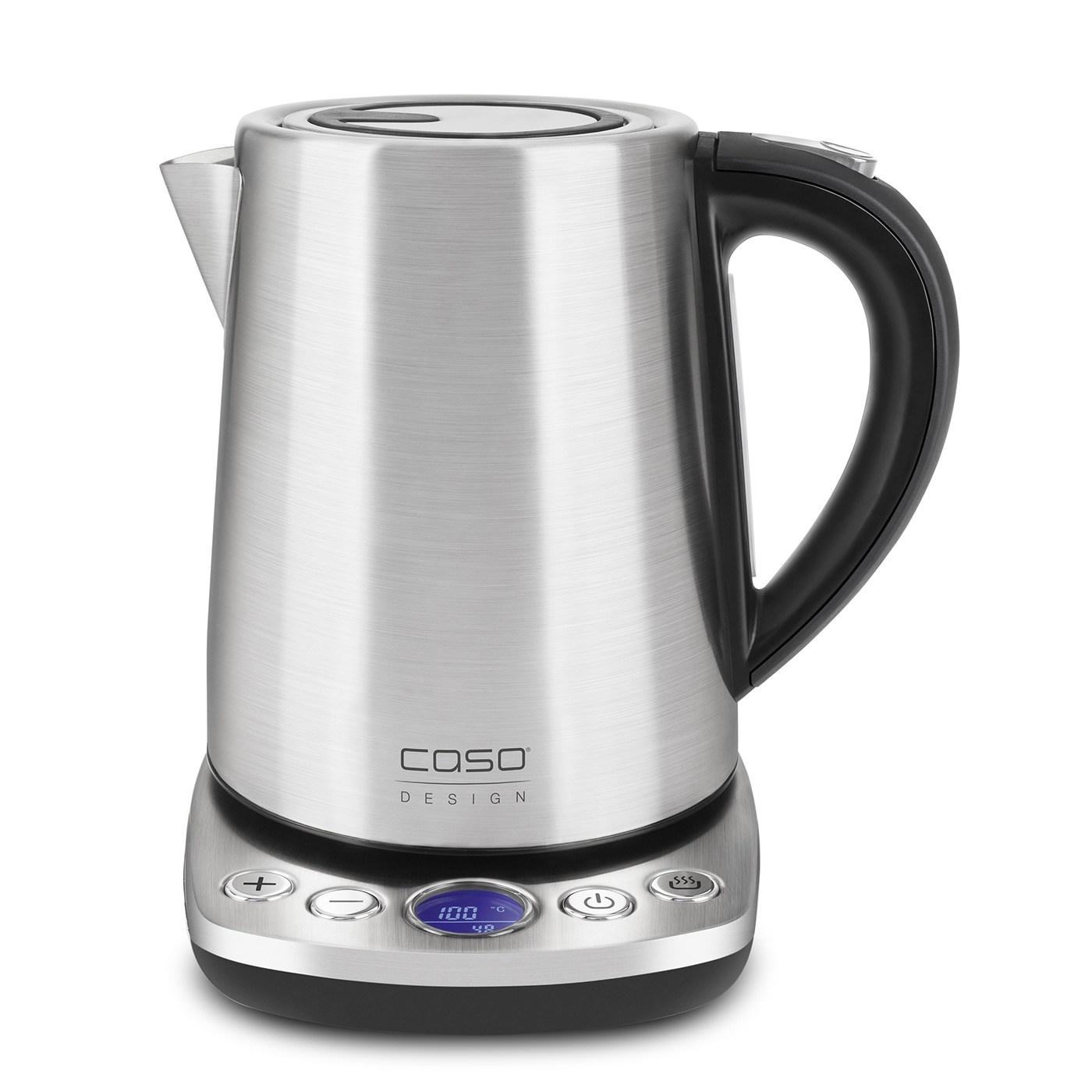 Edelstahl-Wasserkocher mit digitaler Anzeige und schwarzem Griff, Caso Design.