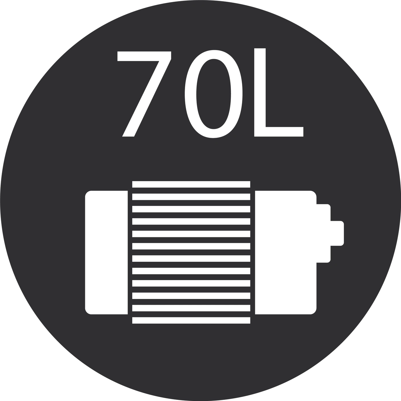 Batterie-Symbol mit 70L-Angabe in einem schwarzen Kreis, für Energieanzeige