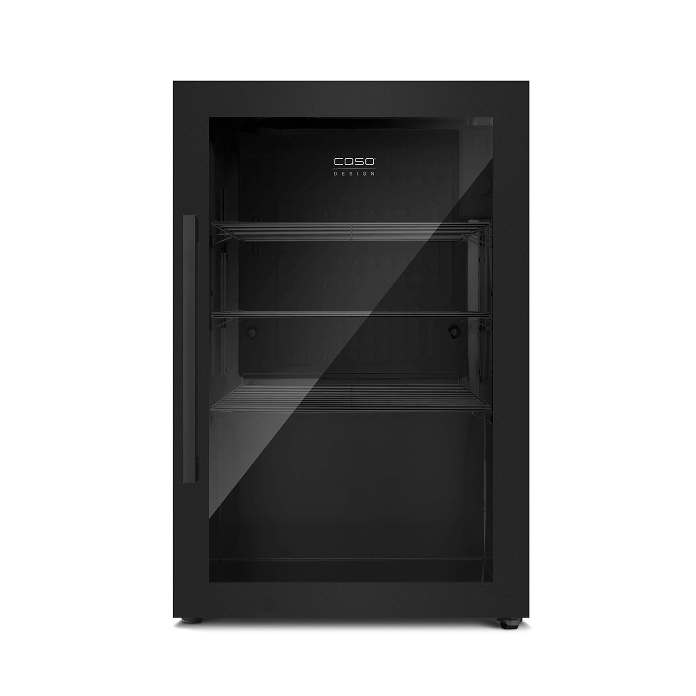 Schwarzer Kühlschrank mit Glastür und Regalen, Caso Design Logo.