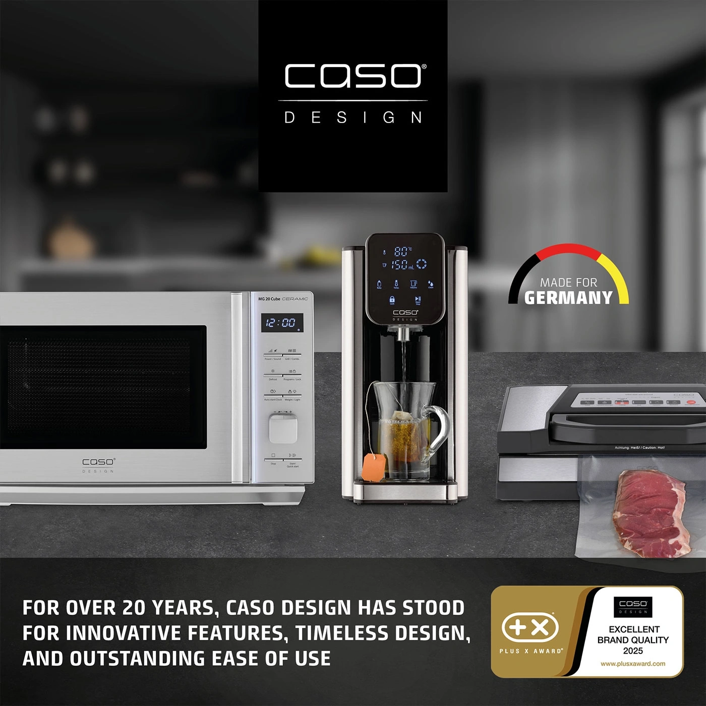 Product photo of Caso Design with microwave, water dispenser and vacuum sealer.