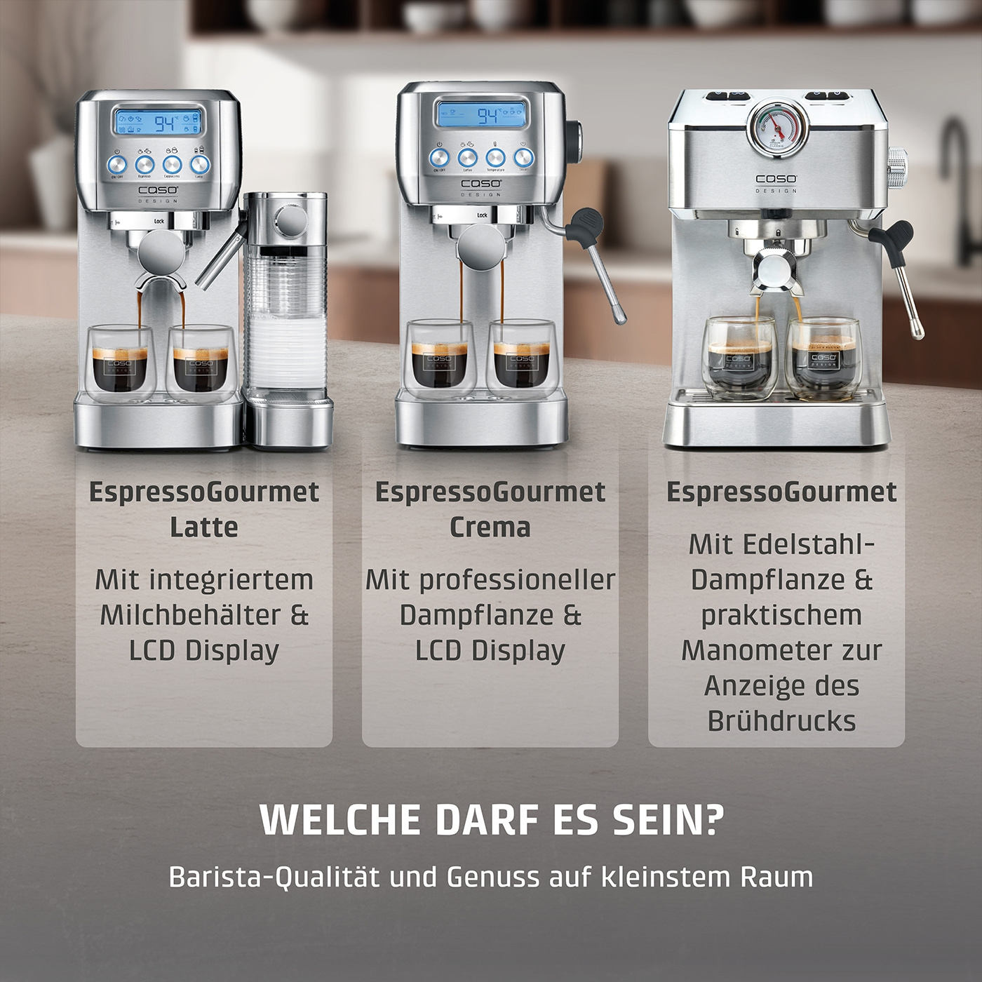 Espressomaschinen: Latte, Crema und Edelstahl-Modelle mit LCD-Display und Manometer.