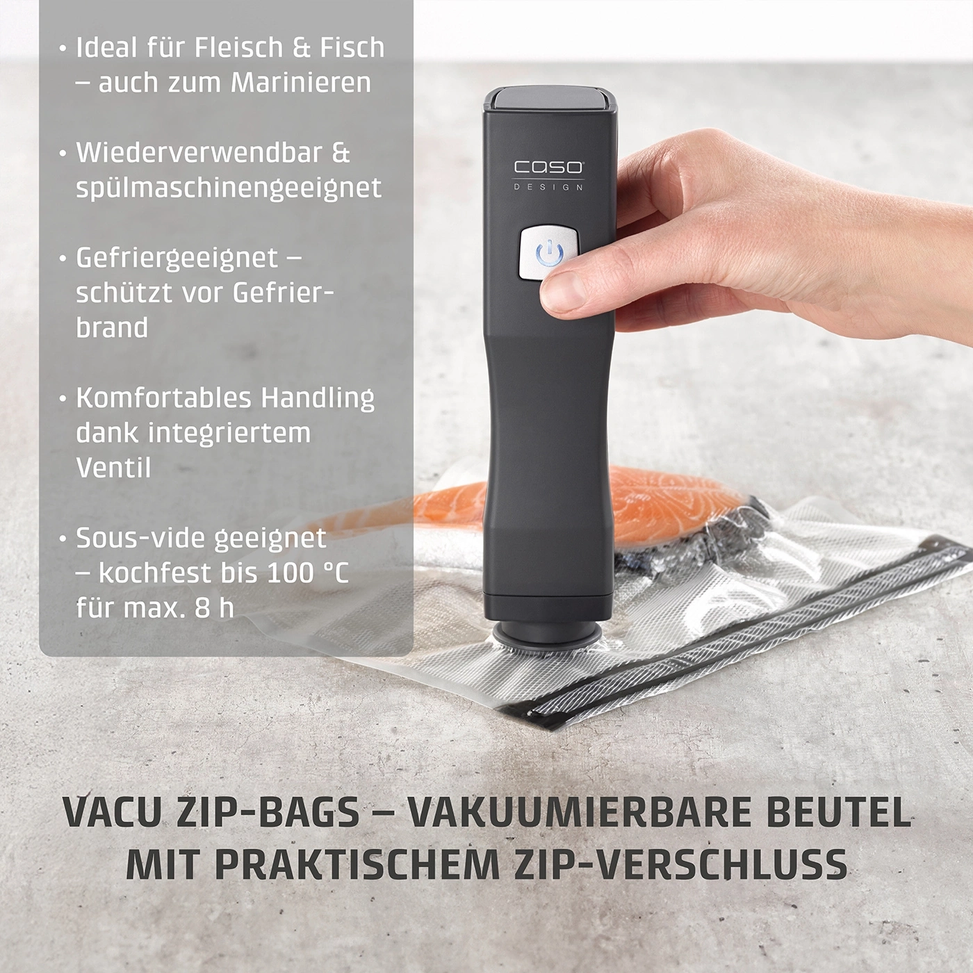 Vakuumiergerät mit Beuteln, ideal für Fleisch und Fisch, wiederverwendbar und spülmaschinengeeignet.