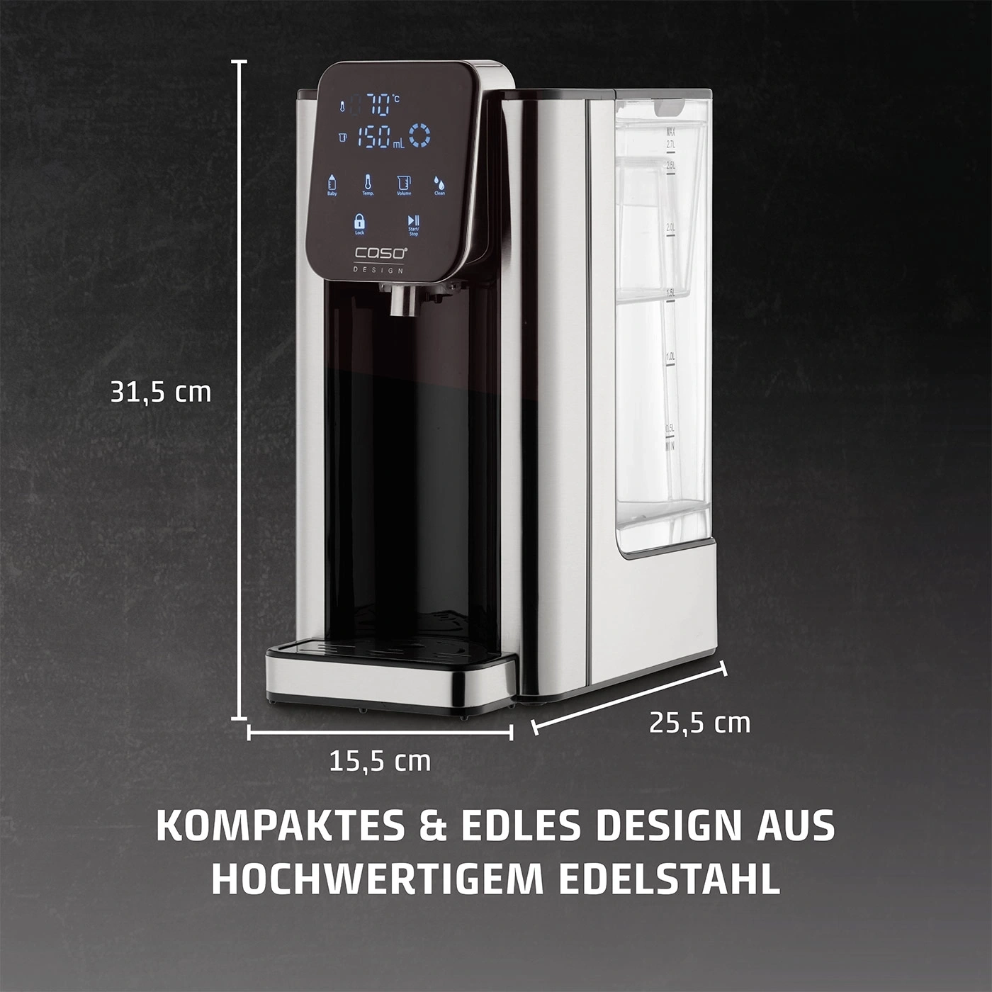 Wasserkocher aus Edelstahl, 31,5 cm hoch, 25,5 cm breit, 15,5 cm tief, kompaktes Design