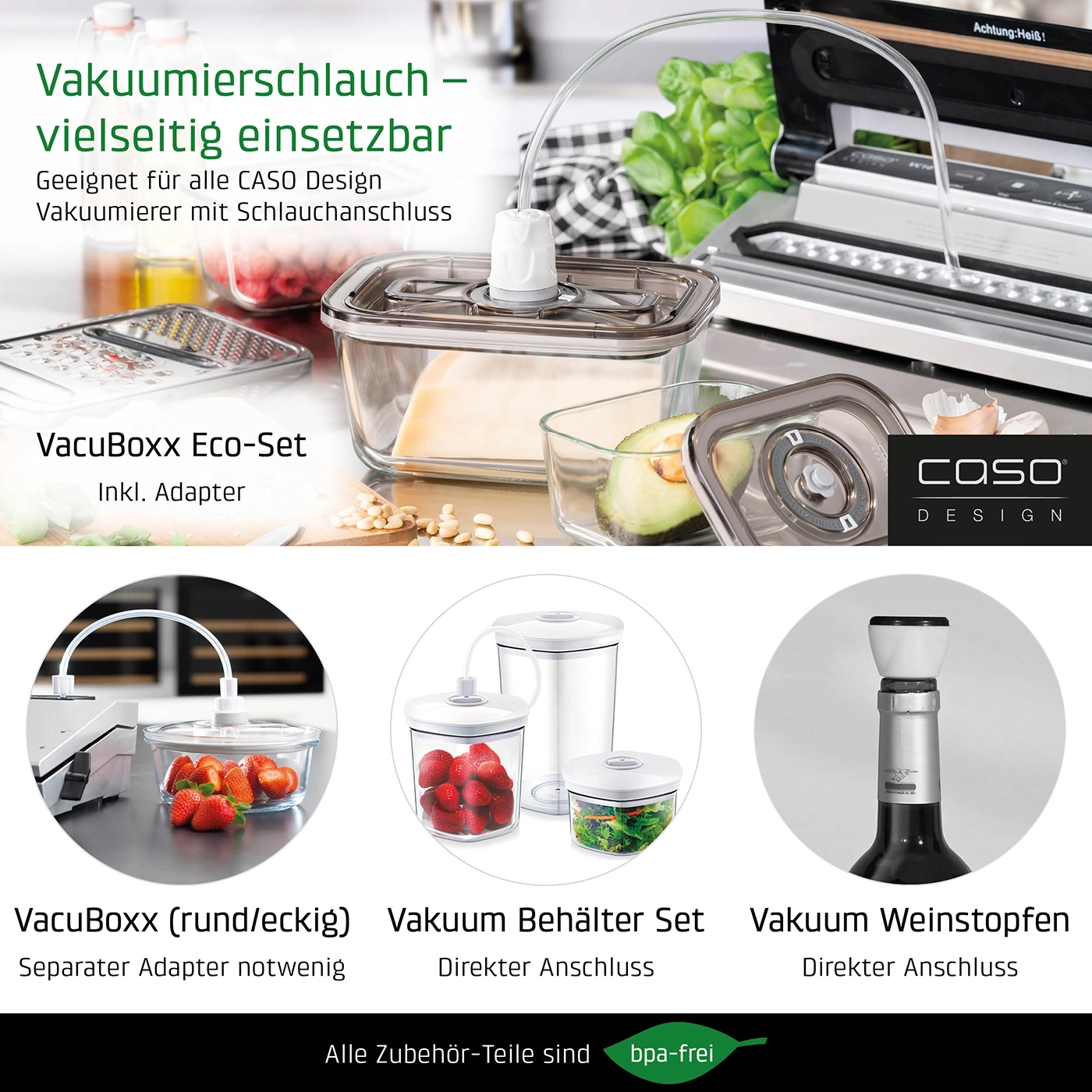 Vacuum hose, vacuum containers, wine stopper, bpa-free, Caso Design, accessories.