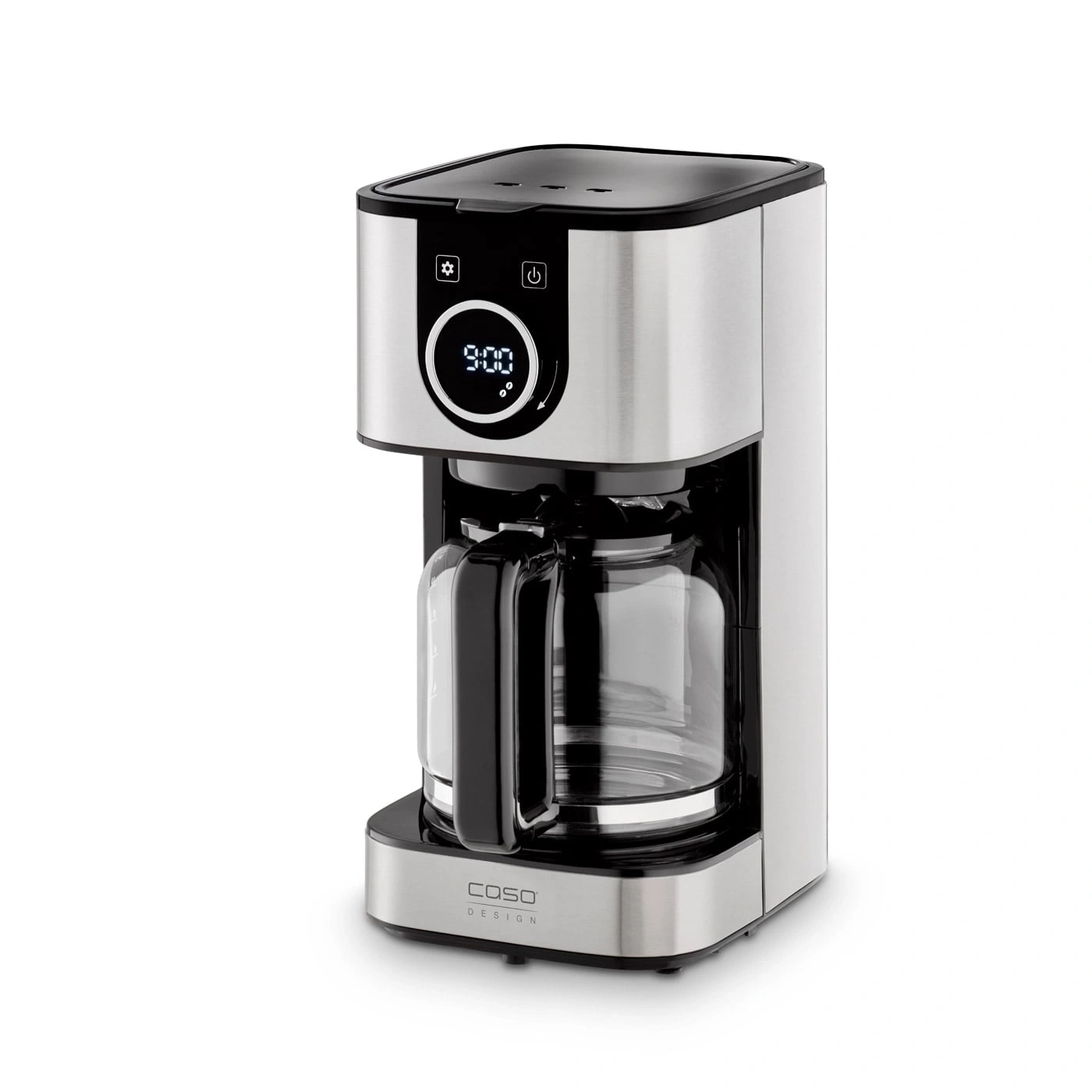 Kaffeemaschine mit digitaler Anzeige und Glaskanne, silberfarbenes Design