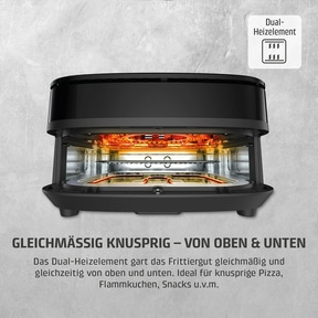 Ein Heißluftofen mit Doppelheizelement für gleichmäßig knusprige Ergebnisse von oben und unten.