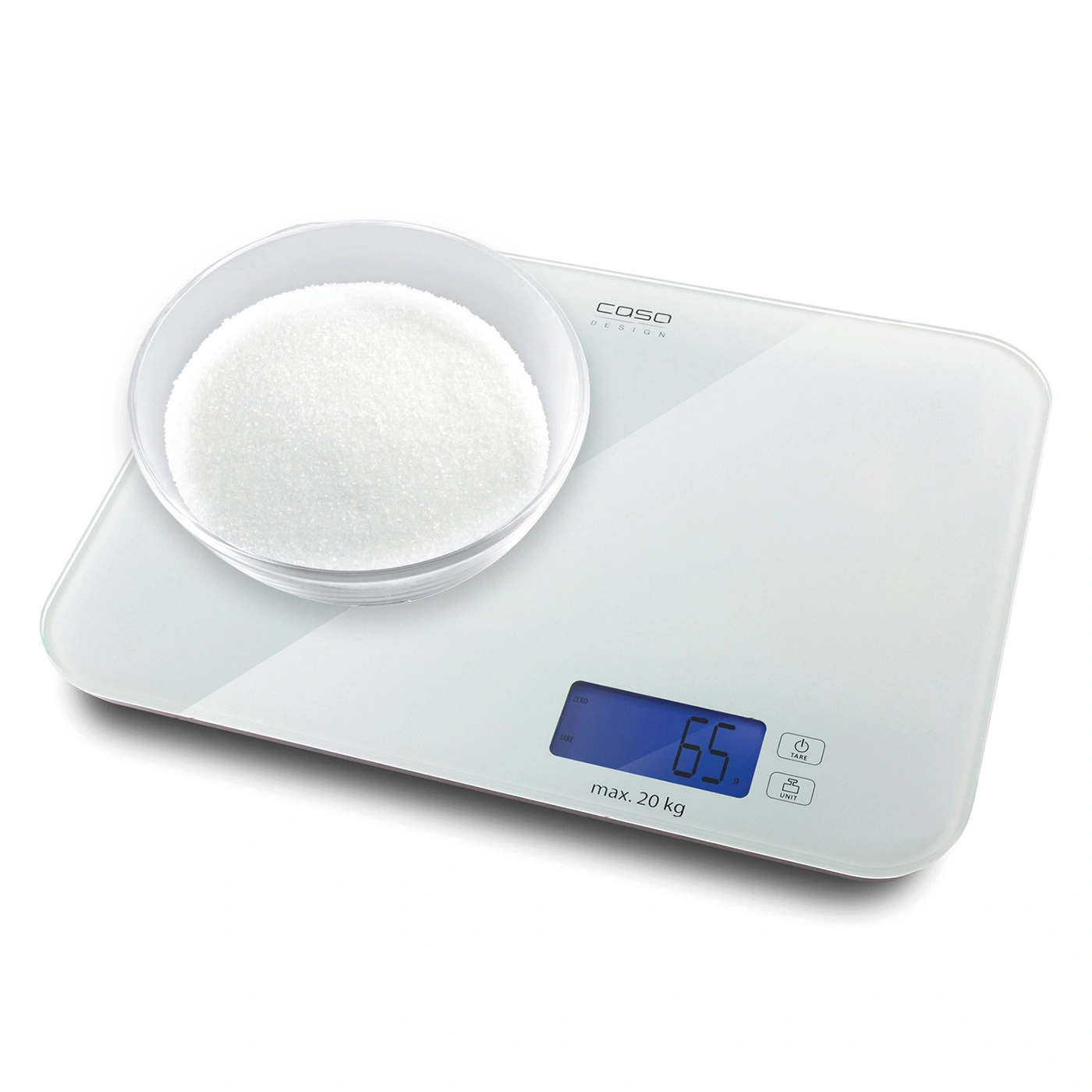 A kitchen scale with sugar in a bowl, displaying 65 grams on the screen.