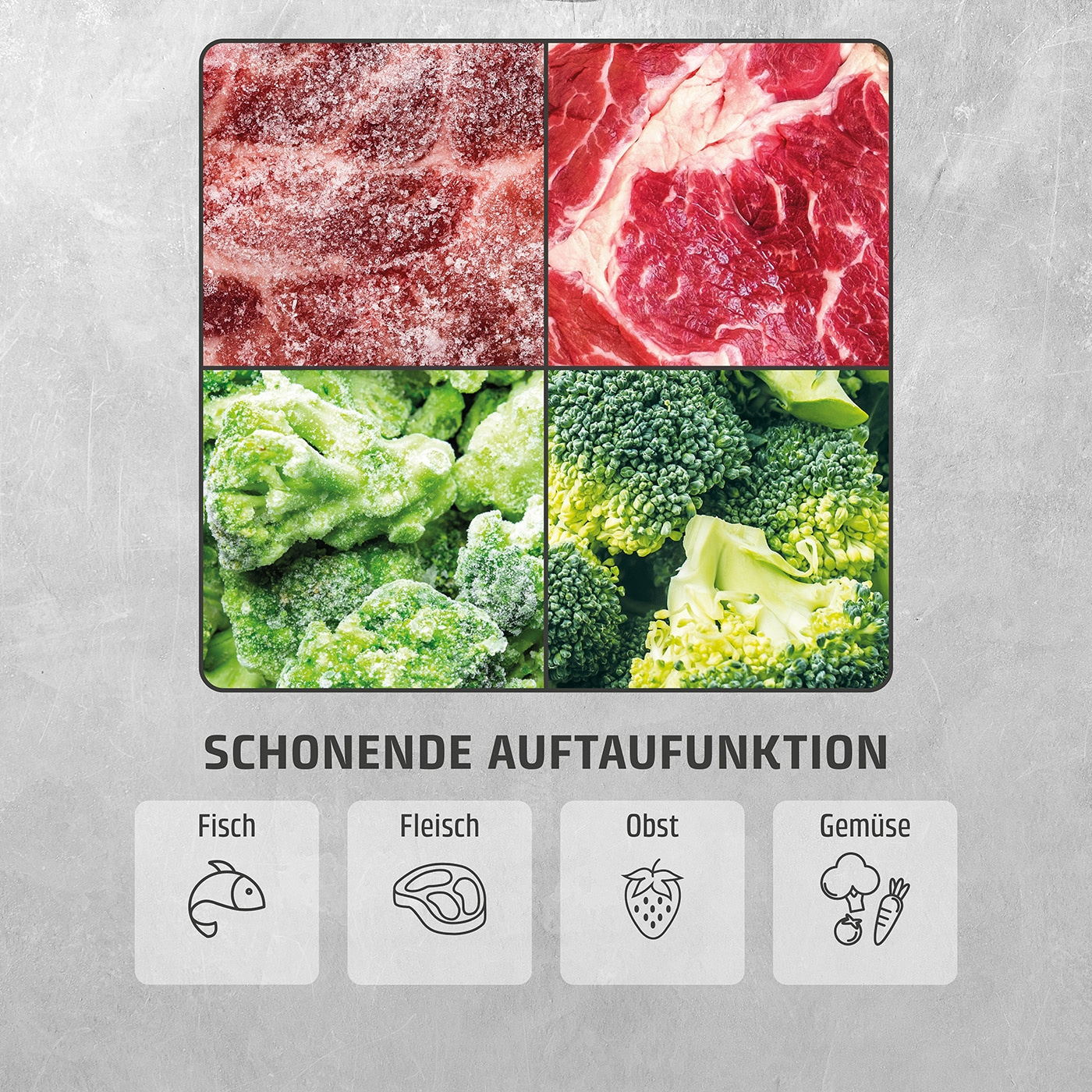 Gefrorenes Essen: Fleisch, Fisch, Obst und Gemüse. Auftaufunktion.