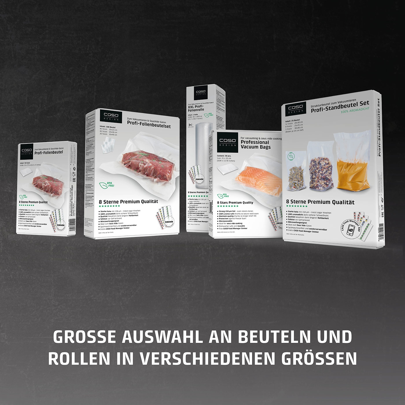 Vakuumbeutel und Rollen in verschiedenen Größen. Lebensmittelverpackung.