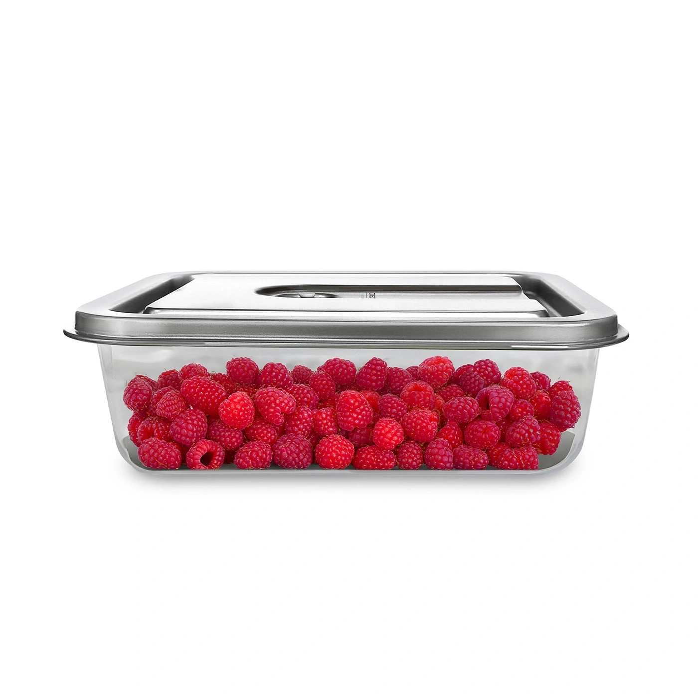 Behälter mit Himbeeren. Edelstahl-Deckel. Transparenter Behälter. Rote Früchte.