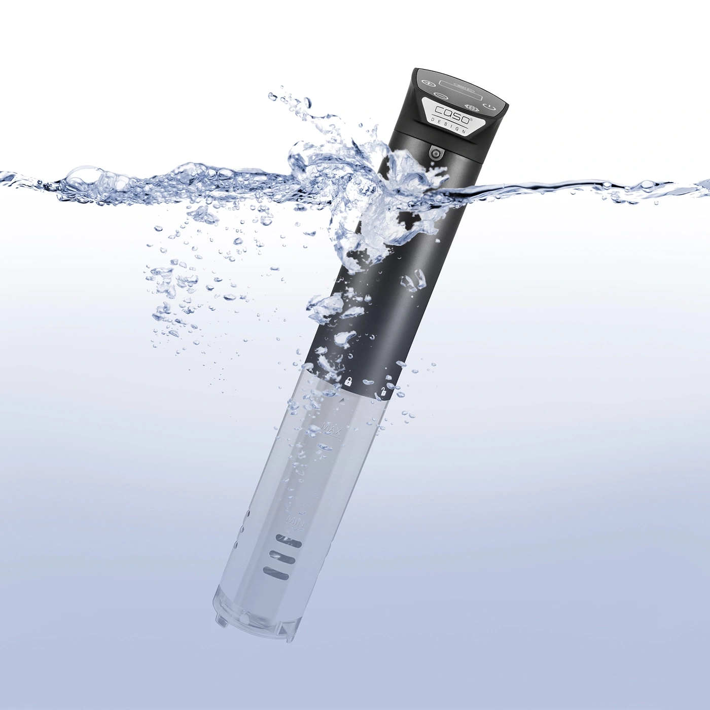Sous-Vide-Garer im Wasser, Spritzer, schwarzes Design, Caso, Kochen, Küche