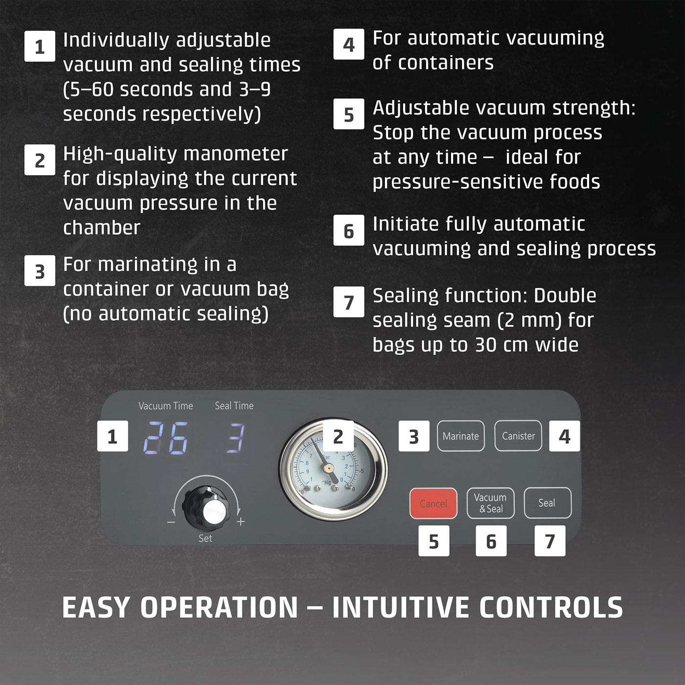 Vacuum sealer with features, manometer, marinating function, easy operation.